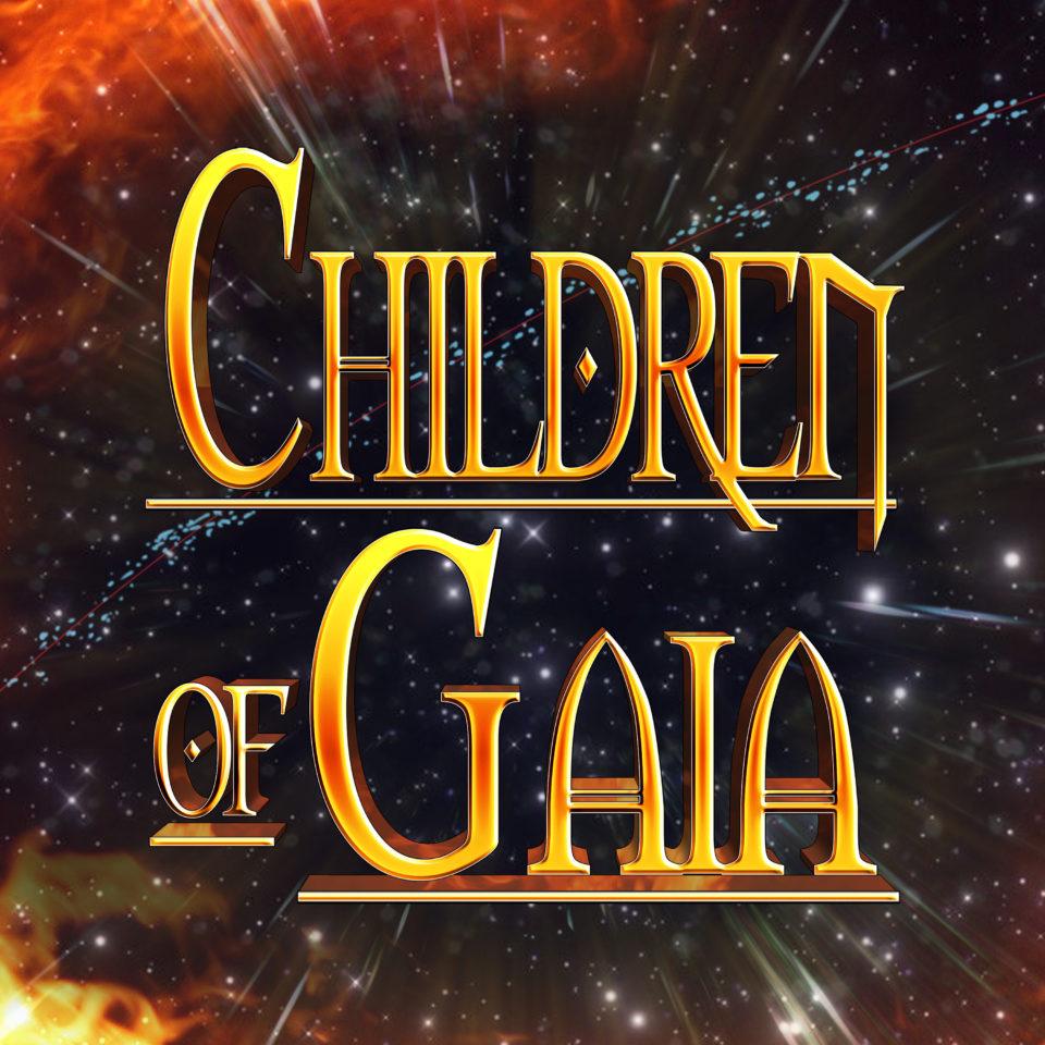 Children of Gaia, Matallic logo floating in front of firey cosmic background with mysterious space ring